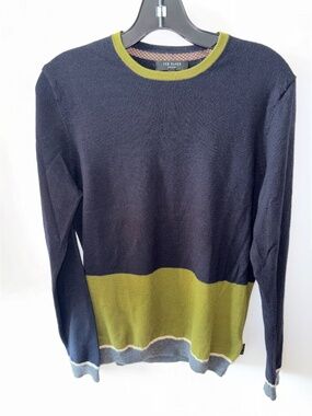 Ted Baker Stelham 100% Wool Colorblock Sweater Navy Olive Green Slim Medium